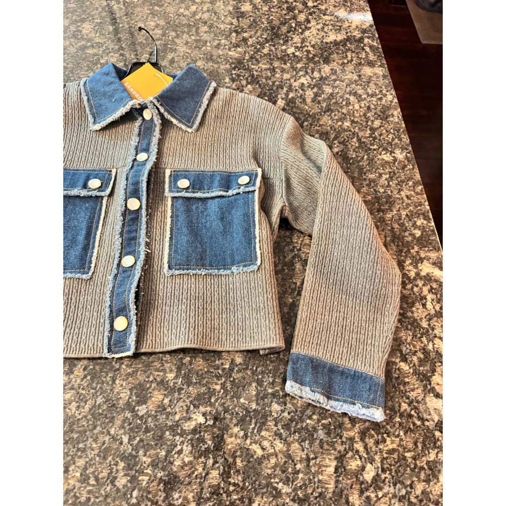 Sandro H24JOHN Mixed Media Denim Cable Knit Cardigan Jacket Grey Blue Size 0 NEW - Picture 4 of 8